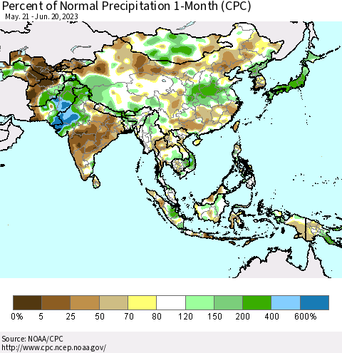 Asia Percent of Normal Precipitation 1-Month (CPC) Thematic Map For 5/21/2023 - 6/20/2023
