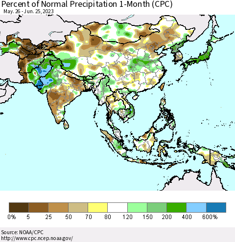 Asia Percent of Normal Precipitation 1-Month (CPC) Thematic Map For 5/26/2023 - 6/25/2023