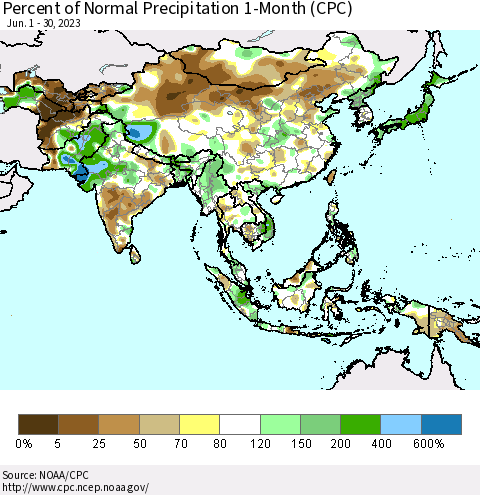 Asia Percent of Normal Precipitation 1-Month (CPC) Thematic Map For 6/1/2023 - 6/30/2023