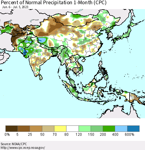 Asia Percent of Normal Precipitation 1-Month (CPC) Thematic Map For 6/6/2023 - 7/5/2023