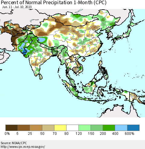 Asia Percent of Normal Precipitation 1-Month (CPC) Thematic Map For 6/11/2023 - 7/10/2023