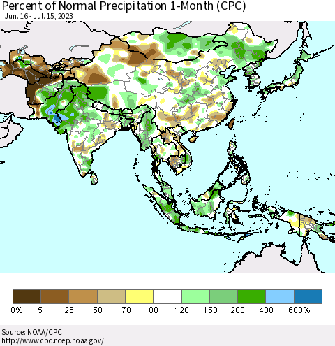 Asia Percent of Normal Precipitation 1-Month (CPC) Thematic Map For 6/16/2023 - 7/15/2023