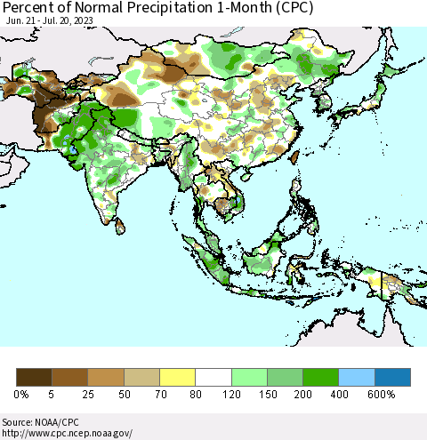 Asia Percent of Normal Precipitation 1-Month (CPC) Thematic Map For 6/21/2023 - 7/20/2023