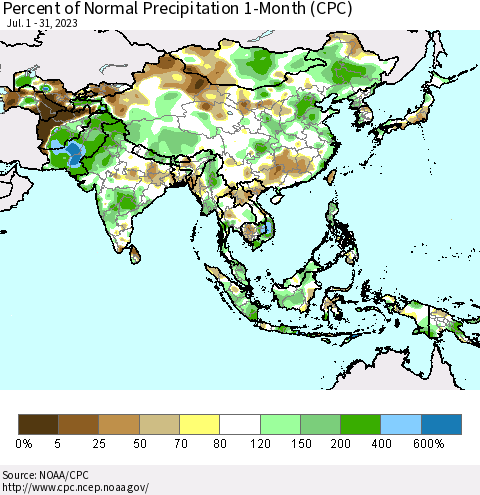 Asia Percent of Normal Precipitation 1-Month (CPC) Thematic Map For 7/1/2023 - 7/31/2023