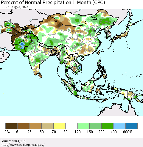 Asia Percent of Normal Precipitation 1-Month (CPC) Thematic Map For 7/6/2023 - 8/5/2023