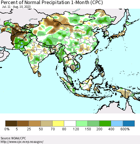 Asia Percent of Normal Precipitation 1-Month (CPC) Thematic Map For 7/11/2023 - 8/10/2023