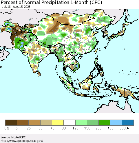 Asia Percent of Normal Precipitation 1-Month (CPC) Thematic Map For 7/16/2023 - 8/15/2023