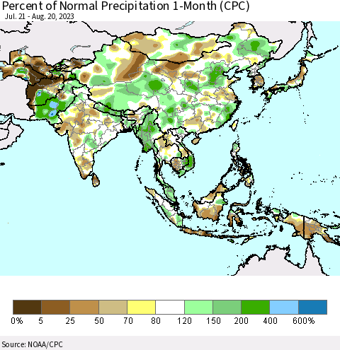 Asia Percent of Normal Precipitation 1-Month (CPC) Thematic Map For 7/21/2023 - 8/20/2023
