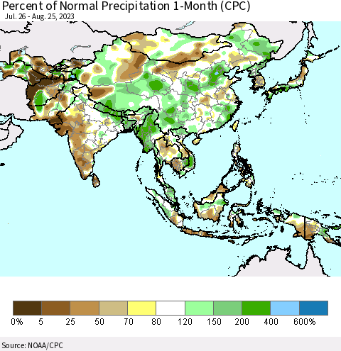 Asia Percent of Normal Precipitation 1-Month (CPC) Thematic Map For 7/26/2023 - 8/25/2023