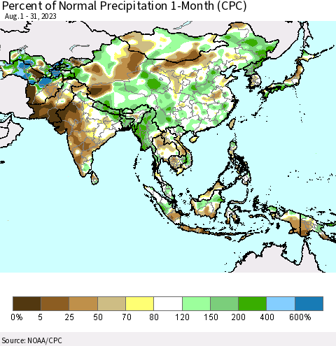 Asia Percent of Normal Precipitation 1-Month (CPC) Thematic Map For 8/1/2023 - 8/31/2023