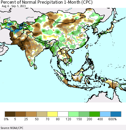 Asia Percent of Normal Precipitation 1-Month (CPC) Thematic Map For 8/6/2023 - 9/5/2023
