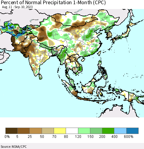Asia Percent of Normal Precipitation 1-Month (CPC) Thematic Map For 8/11/2023 - 9/10/2023