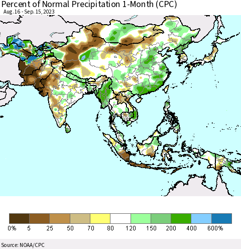 Asia Percent of Normal Precipitation 1-Month (CPC) Thematic Map For 8/16/2023 - 9/15/2023