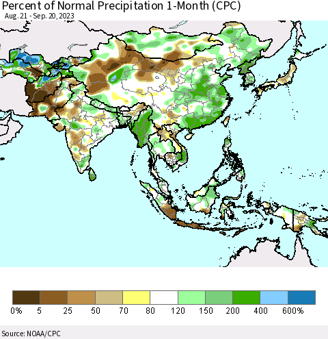 Asia Percent of Normal Precipitation 1-Month (CPC) Thematic Map For 8/21/2023 - 9/20/2023