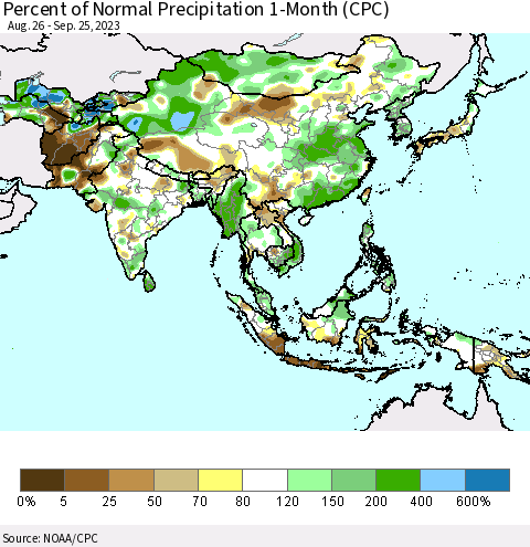 Asia Percent of Normal Precipitation 1-Month (CPC) Thematic Map For 8/26/2023 - 9/25/2023