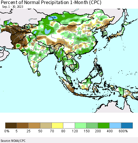 Asia Percent of Normal Precipitation 1-Month (CPC) Thematic Map For 9/1/2023 - 9/30/2023