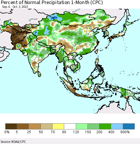 Asia Percent of Normal Precipitation 1-Month (CPC) Thematic Map For 9/6/2023 - 10/5/2023