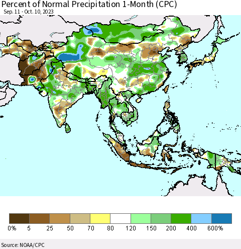 Asia Percent of Normal Precipitation 1-Month (CPC) Thematic Map For 9/11/2023 - 10/10/2023