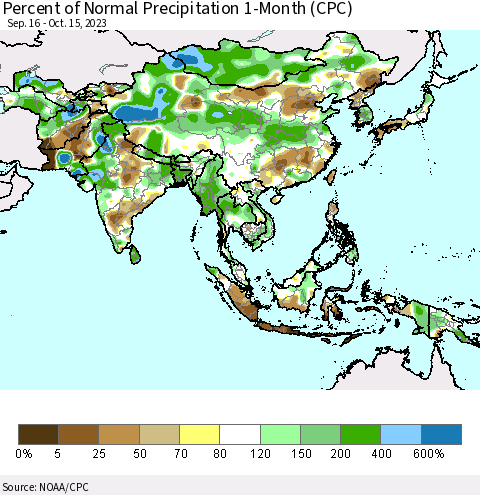Asia Percent of Normal Precipitation 1-Month (CPC) Thematic Map For 9/16/2023 - 10/15/2023