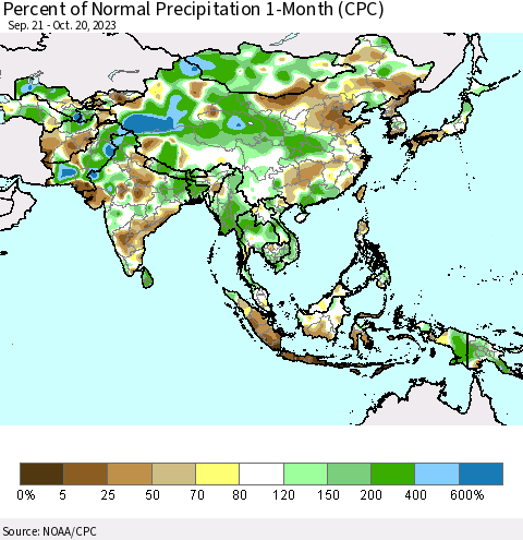 Asia Percent of Normal Precipitation 1-Month (CPC) Thematic Map For 9/21/2023 - 10/20/2023