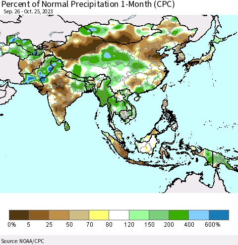 Asia Percent of Normal Precipitation 1-Month (CPC) Thematic Map For 9/26/2023 - 10/25/2023