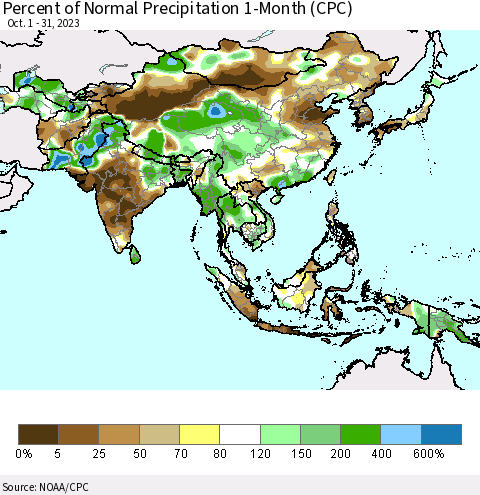 Asia Percent of Normal Precipitation 1-Month (CPC) Thematic Map For 10/1/2023 - 10/31/2023