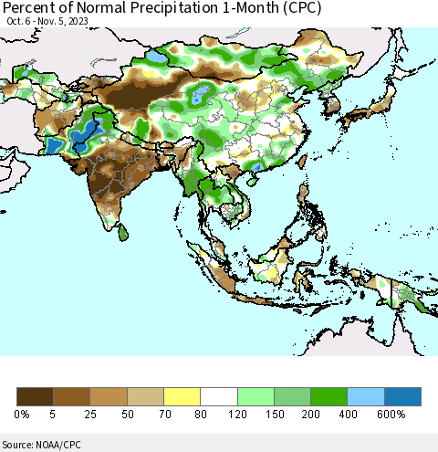 Asia Percent of Normal Precipitation 1-Month (CPC) Thematic Map For 10/6/2023 - 11/5/2023