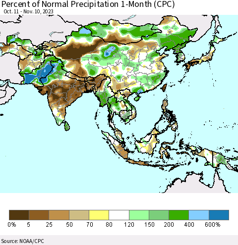Asia Percent of Normal Precipitation 1-Month (CPC) Thematic Map For 10/11/2023 - 11/10/2023