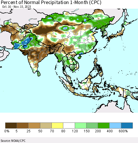 Asia Percent of Normal Precipitation 1-Month (CPC) Thematic Map For 10/16/2023 - 11/15/2023