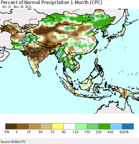 Asia Percent of Normal Precipitation 1-Month (CPC) Thematic Map For 10/21/2023 - 11/20/2023