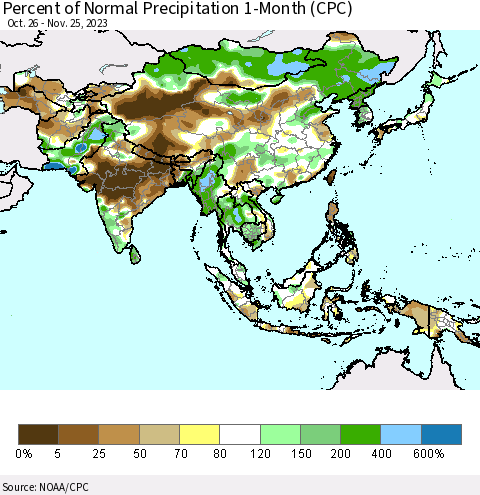 Asia Percent of Normal Precipitation 1-Month (CPC) Thematic Map For 10/26/2023 - 11/25/2023