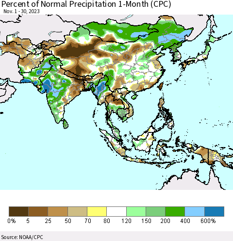 Asia Percent of Normal Precipitation 1-Month (CPC) Thematic Map For 11/1/2023 - 11/30/2023