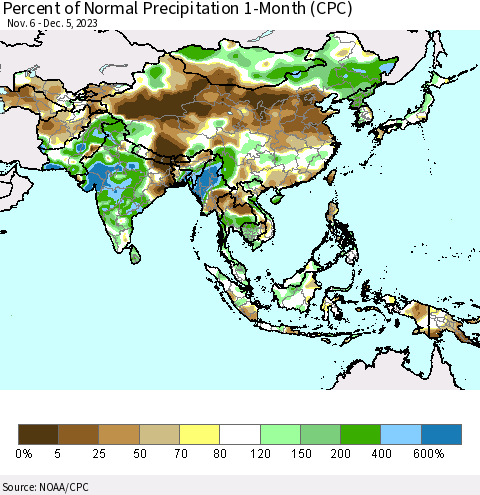 Asia Percent of Normal Precipitation 1-Month (CPC) Thematic Map For 11/6/2023 - 12/5/2023