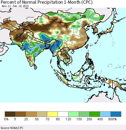 Asia Percent of Normal Precipitation 1-Month (CPC) Thematic Map For 11/11/2023 - 12/10/2023