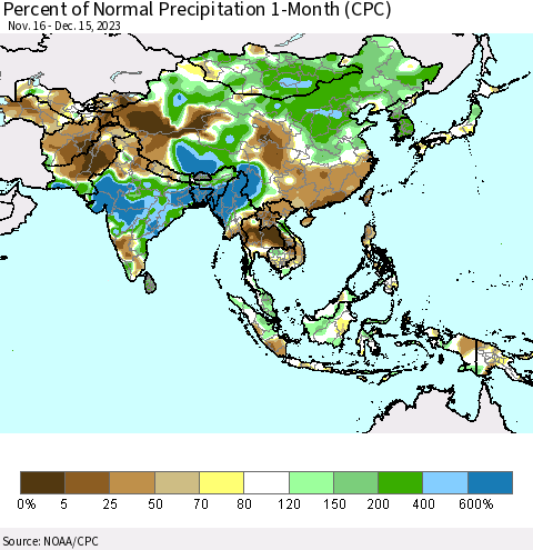 Asia Percent of Normal Precipitation 1-Month (CPC) Thematic Map For 11/16/2023 - 12/15/2023