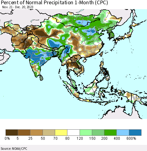 Asia Percent of Normal Precipitation 1-Month (CPC) Thematic Map For 11/21/2023 - 12/20/2023