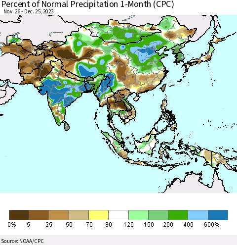 Asia Percent of Normal Precipitation 1-Month (CPC) Thematic Map For 11/26/2023 - 12/25/2023