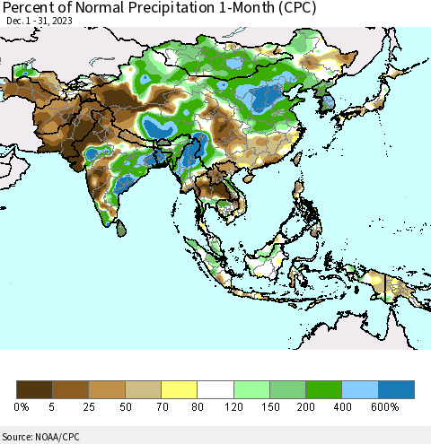 Asia Percent of Normal Precipitation 1-Month (CPC) Thematic Map For 12/1/2023 - 12/31/2023