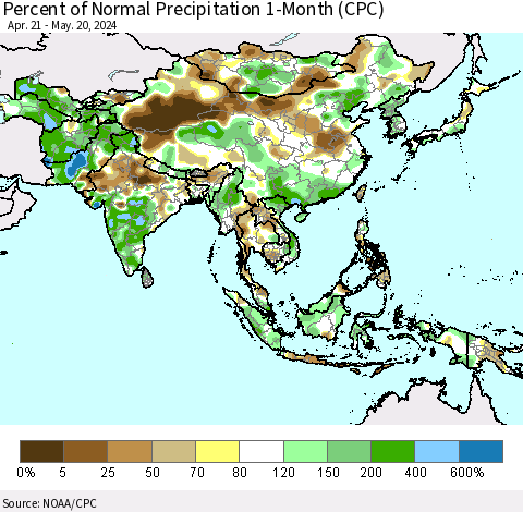 Asia Percent of Normal Precipitation 1-Month (CPC) Thematic Map For 4/21/2024 - 5/20/2024