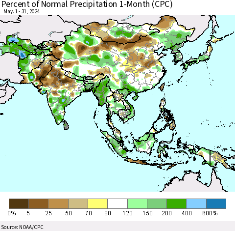 Asia Percent of Normal Precipitation 1-Month (CPC) Thematic Map For 5/1/2024 - 5/31/2024