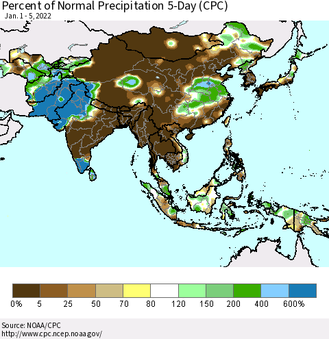 Asia Percent of Normal Precipitation 5-Day (CPC) Thematic Map For 1/1/2022 - 1/5/2022