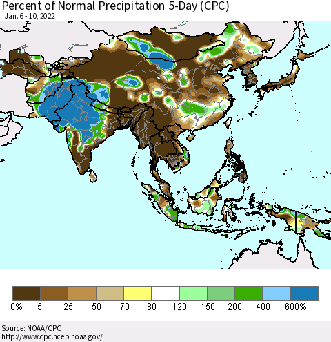 Asia Percent of Normal Precipitation 5-Day (CPC) Thematic Map For 1/6/2022 - 1/10/2022