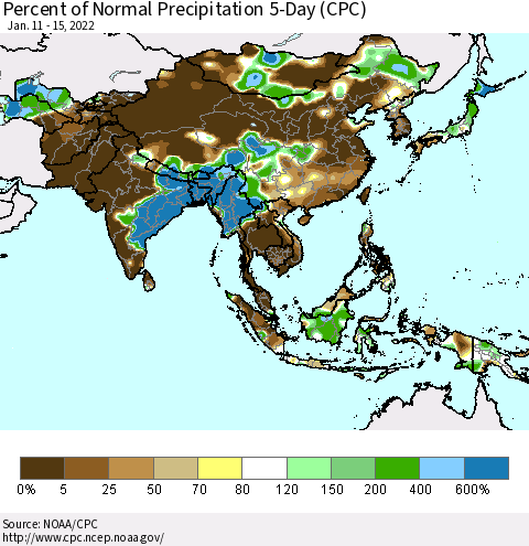 Asia Percent of Normal Precipitation 5-Day (CPC) Thematic Map For 1/11/2022 - 1/15/2022