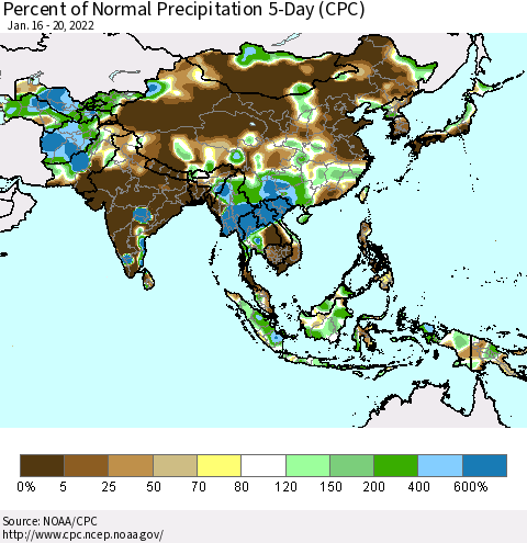 Asia Percent of Normal Precipitation 5-Day (CPC) Thematic Map For 1/16/2022 - 1/20/2022