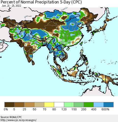 Asia Percent of Normal Precipitation 5-Day (CPC) Thematic Map For 1/21/2022 - 1/25/2022