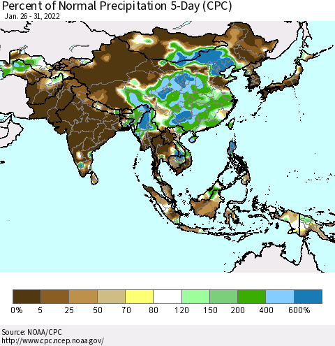Asia Percent of Normal Precipitation 5-Day (CPC) Thematic Map For 1/26/2022 - 1/31/2022