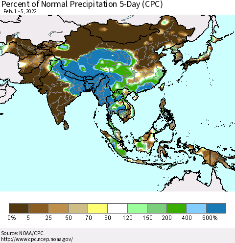 Asia Percent of Normal Precipitation 5-Day (CPC) Thematic Map For 2/1/2022 - 2/5/2022