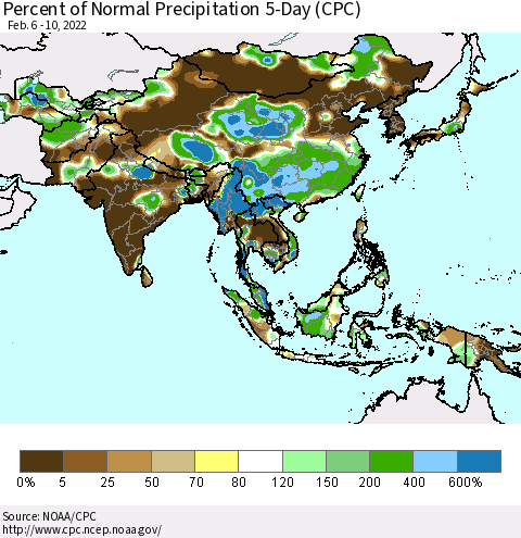 Asia Percent of Normal Precipitation 5-Day (CPC) Thematic Map For 2/6/2022 - 2/10/2022