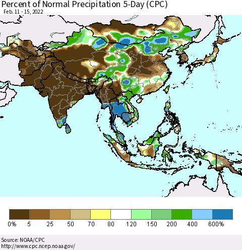 Asia Percent of Normal Precipitation 5-Day (CPC) Thematic Map For 2/11/2022 - 2/15/2022