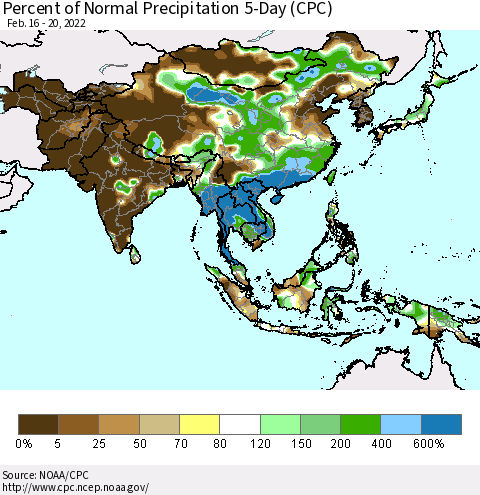 Asia Percent of Normal Precipitation 5-Day (CPC) Thematic Map For 2/16/2022 - 2/20/2022